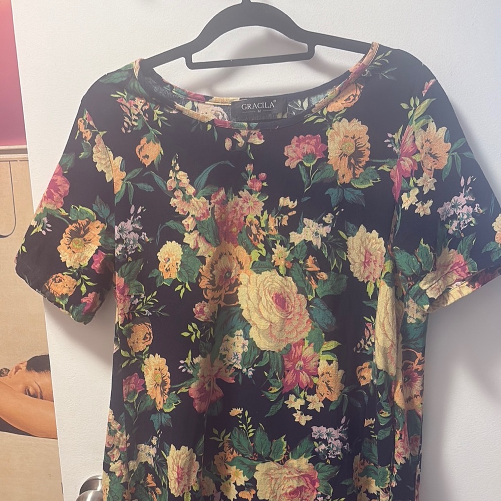 Graciela 100% Cotton Short Sleeve Floral Long Dress with slit pockets. M NWOT